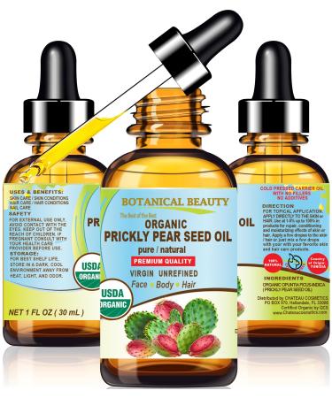 Botanical Beauty Certified Organic Prickly Pear Cactus Seed Oil Pure 100% Natural Undiluted Virgin Unrefined Cold Pressed Carrier Oil for Face Skin Hair Body Nails. Vitamin C 1 Fl Oz - 30 ml