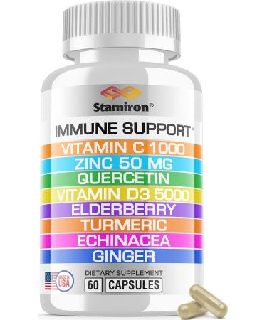 Immune Support with Quercetin Zinc 50mg Vitamin C 1000mg Vitamin D3 5000 IU and Elderberry Turmeric Ginger for Adults Kids - 8 in 1 Vit D Immunity Defense Booster Supplement Vegan Friendly Made in USA