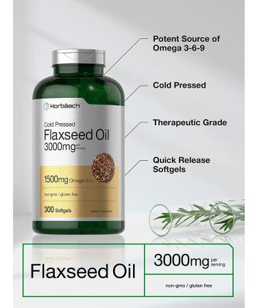 Flaxseed Oil Softgels 3000mg | 300 Count High Potency with Omega 3 6 9 | Non-GMO Gluten Free Cold Pressed Flax Seed by Horbaach - Buy Online on GoSupps.com