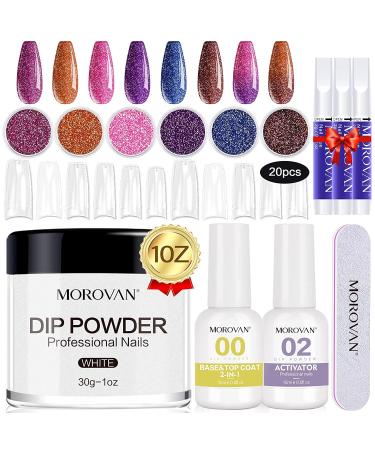 12 PCS Dip Powder Nail Kit - 30g White Dipping Powder Dip Nail Kit with 6 Colors Glitter Base Top Coat Activator Nail Tips Dip Powder Kit for French Nails Art Manicure DIY Salon Dipping Powder Nail Kit CLEAR