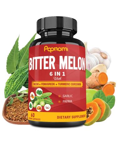 Organic Bitter Melon Extract Capsules - 60 Pills 2 Month - Combined Neem Fenugreek Curcumin Garlic & Papaya 60 Count (Pack of 1)