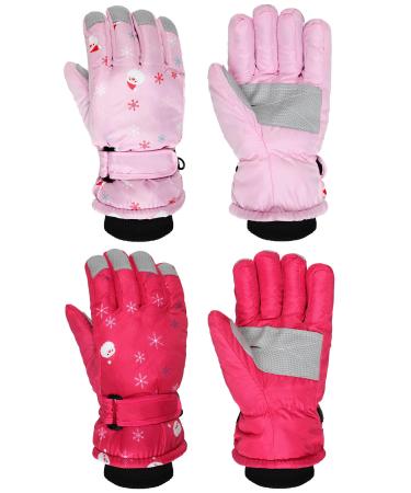 2 Pairs Kids Winter Ski Gloves Waterproof Snow Gloves Warm Toddler Snow Mittens for Boys Girls Winter Outdoor Activities Pink, Watermelon Red 5-10 Years Size