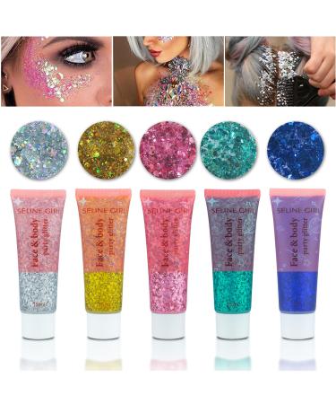 5Pcs Face Chunky Glitter Gel 75ml Mermaid Sequins for Body & Hair & Face & Eye & Lip Festival Holographic Glitter for Party Show Nightclub Art Festival Makeup Decoration Vegan Cruelty-Free