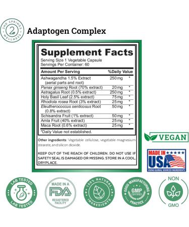 2nd Springs Adaptogen Complex Calmness Energy and Vitality Booster - Ashwagandha Schisandra Astragalus Ginseng Rhodiola and More - Adrenal Support Supplements - 60 Ct - Buy Online on GoSupps.com