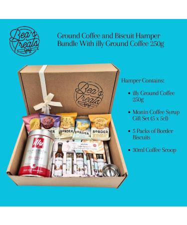 Ground Coffee and Syrup Hamper Bundle With illy Ground Coffee 250g Monin Coffee Syrup Gift Set Border Biscuits and Beas Treats 30ml Scoop - Buy Online on GoSupps.com