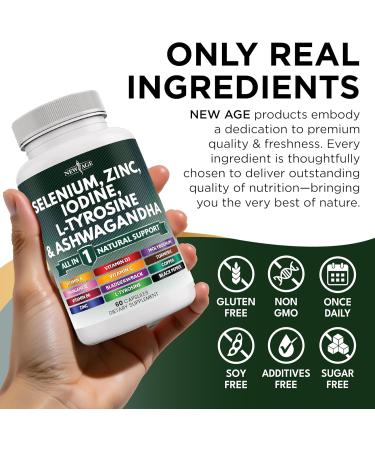 NEW AGE Selenium Zinc Iodine L Tyrosine Ashwagandha - Supplement for Women and Men with Bladderwrack Turmeric Silica Kelp Schisandra - 120 Count 60 Count (Pack of 2) - Buy Online on GoSupps.com