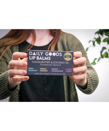 DAILY GOODS Natural Lip Balm Pack with Cocoa Butter and Coconut Oil - Pomegranate, Coconut, Cherry, Spearmint Flavors - Vitamin E Enriched - 8 Pack 0.15 oz Tubes - Buy Online on GoSupps.com