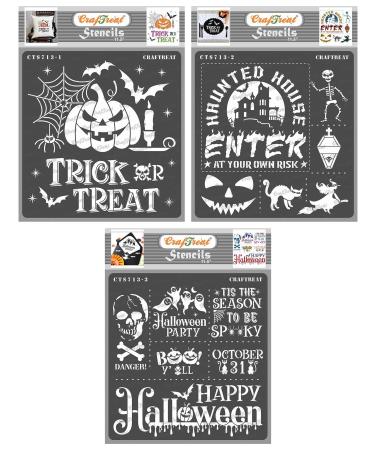 CrafTreat Halloween Stencils for Painting on Wood - Halloween Decor Stencil Set - Size: 11.75X11.75 Inches (3Pcs) - Halloween Stencils for Crafts - Dirty Pumpkin Stencils for Painting