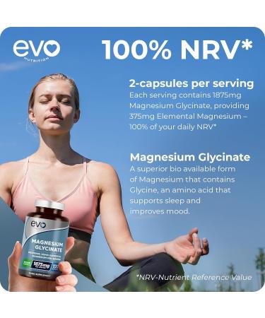 Magnesium Glycinate Supplement - 120 Vegan Capsules | 1875mg Per Serving & 375mg Elemental Magnesium | 100% Daily NRV | High Strength for Maximum Bioavailability | Made in UK by EVO Nutrition - Buy Online on GoSupps.com