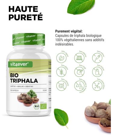 Triphala bio - Haute dose de 2000 mg (500 mg par g lule) - 365 g lules - Poudre de Triphala de l'Inde : Haritaki Amalaki Bibhitaki - Sans additifs - Vegan 500mg - Buy Online on GoSupps.com