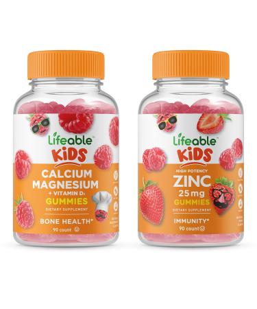 Lifeable Zinc 25mg Kids + Calcium Magnesium Kids Gummies Bundle - Great Tasting Vitamin Supplement Gluten Free GMO Free Chewable Gummy