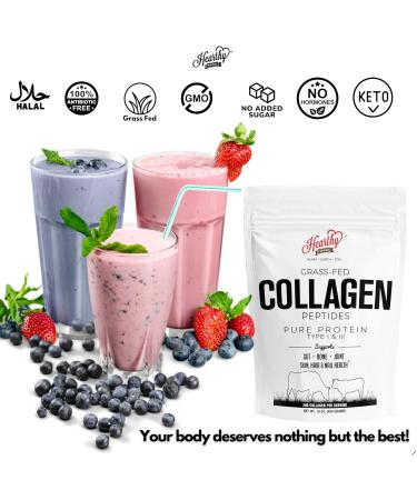 HEARTHY FOODS Collagen Powder - 18g Protein - Pure Halal Collagen Peptides Grass Fed Organic Hydrolyzed Powder | Type I and III Unflavoured Keto Friendly Gluten Free No Sugar Non GMO 16 Oz - Buy Online on GoSupps.com