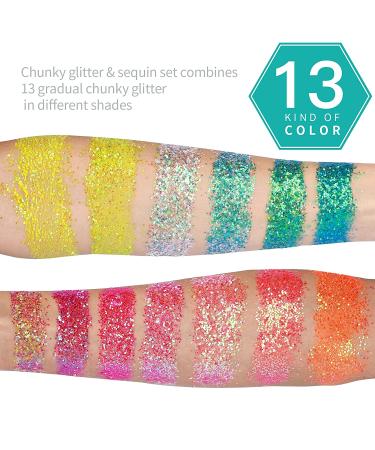 YGDZ Chunky Glitter: 13 Colors Holographic Rainbow Sequins for Nail, Body, Face, Hair, Eyes - Festival Makeup Glitter - Buy Online on GoSupps.com
