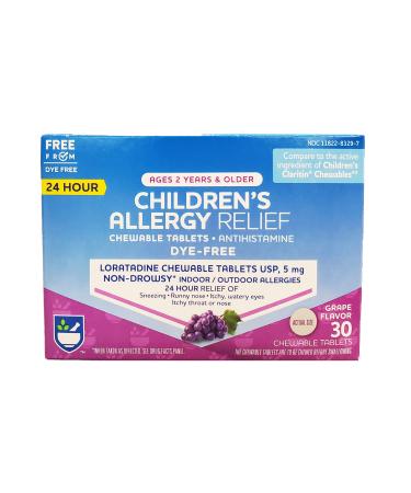 Rite Aid Children's Non-Drowsy Allergy Relief Chewable Tablets, Grape Flavor, Loratadine, 5 mg - 30 Count | Children's Allergy Medicine | Allergy Medication Tablets for Kids