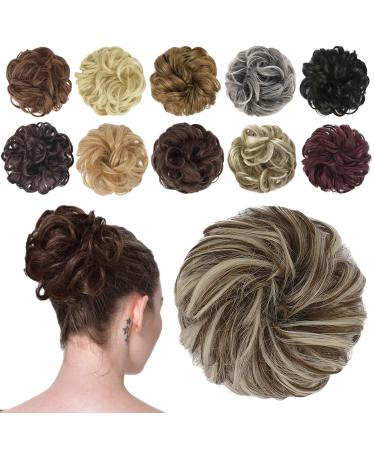 FESHFEN Messy Bun Hair Piece Hair Bun Scrunchies Synthetic Wavy Curly Chignon Ponytail Hair Extensions Thick Updo Hairpieces for Women Girls Kids 1PCS Golden Brown & Bleach Blonde 38 g (Pack of 1) 10H613# Golden Brown & Bleach Blonde