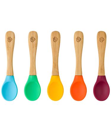 Bamboo Baby Feeding Spoons with Soft Curved Silicone Bowl Tips for Toddlers and Infant 5-pack Multi With Blue 5