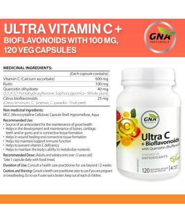 GNA Naturals Ultra Vitamin C 600mg + Bioflavonoids with Quercetin Dihydrate - Vitamin C Ascorbate Acid 120 V-Caps 4 Month Supply - Promotes Healthy Bones Gums & Teeth - Vitamin C Complex Supplement - Buy Online on GoSupps.com