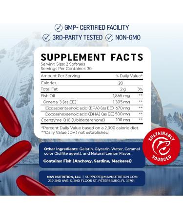 Omega 3 Fish Oil + Co Q10 | 1305MG Omega-3 with CoQ10 100MG for Heart Health Cellular Energy and Antioxidant Support | Co Q 10 + Omega3 | Coenzyme Q10 Fish Oil Supplements | Non-GMO | 60 Ct - Buy Online on GoSupps.com