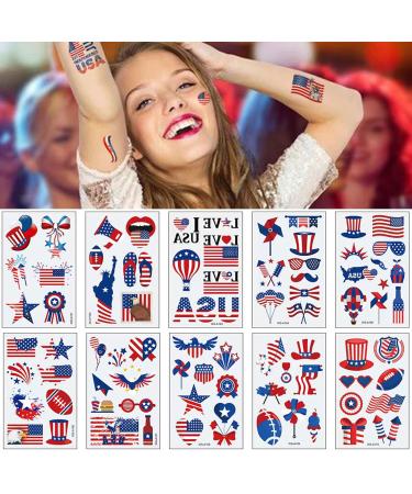 4th of July Temporary Tattoo Kids Adults  100pcs Fake Tattoos  Independence Day Fourth of July Waterproof Body Art Stickers Red White Blue for Memorial  Tattoo Decorations for Labor Day Party USA National Flag