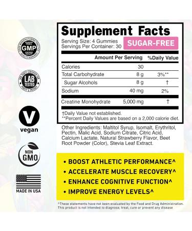 WILD GAINZ Creatine Monohydrate Gummies for Men & Women 5000mg - Sugar-Free Strawberry Flavor Vegan Non-GMO Gluten-Free. Supports Muscle Growth Strength & Focus. Made in USA - 120 Chews - Buy Online on GoSupps.com