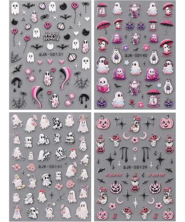 5D Halloween Nail Stickers 4 Sheets 5D Self-Adhesive Embossed Pink Nail Decal Pumpkin Ghost Nail Art Decoration Design Supplies - Buy Online on GoSupps.com