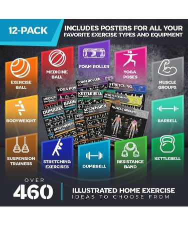 12-Pack Large Workout Poster Set - Home Gym Exercise Charts for Dumbbell, Yoga, Resistance Band, Kettlebell & More - Buy Online on GoSupps.com