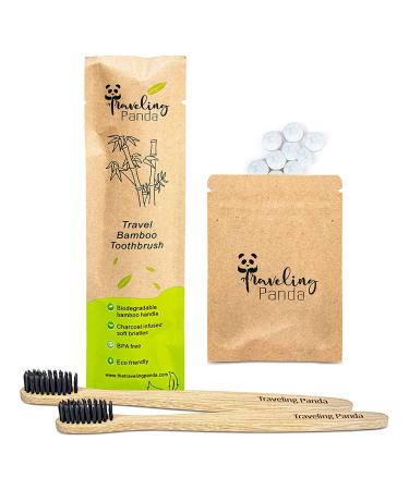 Traveling Panda Bamboo Toothbrushes Soft Bristles  Travel Toothbrush Kit  Includes Brushes and Mint Toothpaste Tablets  Essentials for On The Go Teeth Brushing  2 Large Brushes and x2 10 Tabs Mint 4 Piece Set