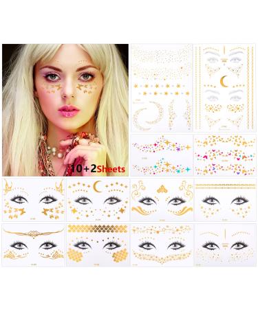 12 Sheets Face Metallic Shiny Temporary Tattoos Sticker  Halloween Face Glitter Gold Water Transfer Freckle Flash Tattoo for Women Girls Halloween Makeup Dancer Costume Parties Rave Musical Festivals