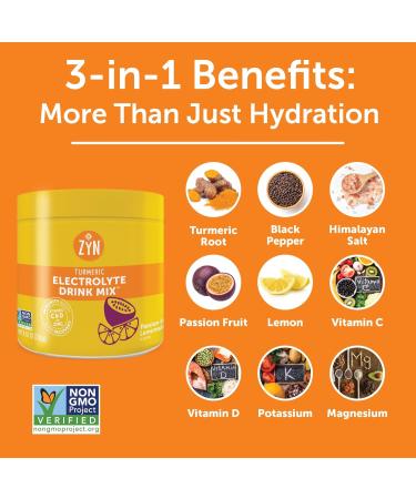 ZYN Electrolyte Powder Drink Mix with Turmeric - Muscle Recovery Joint Support & Immunity Boost - Passionfruit Lemonade 30 Servings - Buy Online on GoSupps.com