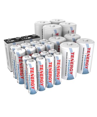 Tenergy Premium High Capacity NiMH Rechargeable Battery Combo Pack Includes All Battery Sizes 8xAA 8xAAA 4xC 4xD 2x9V Rechargeable Batteries 26 Pack