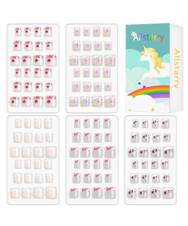 Allstarry 120pcs 5 pack French Children Nails Press on Pre-glue Full Cover Short French False Nail Kits Lovely Gift for Children Little Girls Nail Art Decoration (Flower Series)