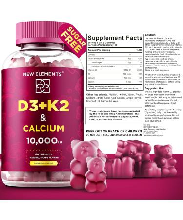 Sugar Free Vitamin D3 K2 Gummies 10000 IU with Calcium - Vegan Mk7 Vitamin K2 - Men & Women Vitamin D Supplement - Buy Online on GoSupps.com