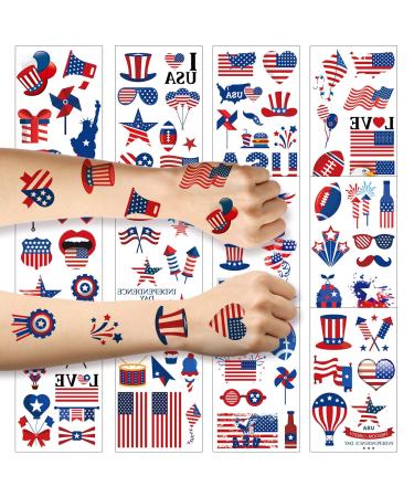 Fourth of July Temporary Tattoo  ZERHOK 12 sheet Independence Day Tattoos American Flag Red White & Blue Design USA Stickers for Labor Day Memorial Day Party Supplies