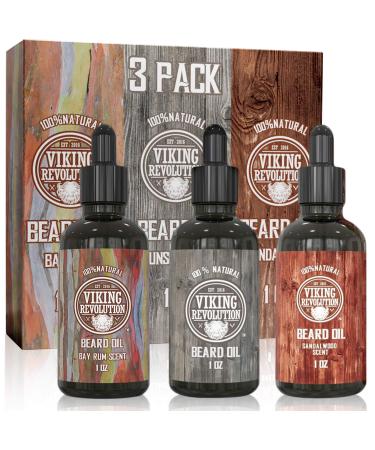 Beard Oil Conditioner 3 Pack - All Natural Variety Set 2 - Bay Rum  Unscented and Sandalwood Oil - Conditioning and Moisturizing for a Healthy Beard Viking Revolution Bay Rum  Unscented  Sandalwood 3 Count (Pack of 1)