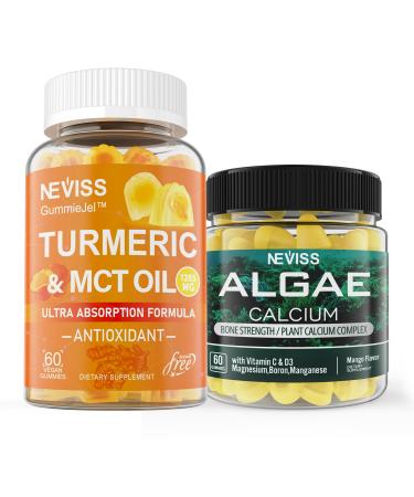 NEVISS Sugar Free Turmeric Curcumin Gummies + Marine Algae Calcium Supplement 600mg High Absorption Vegan