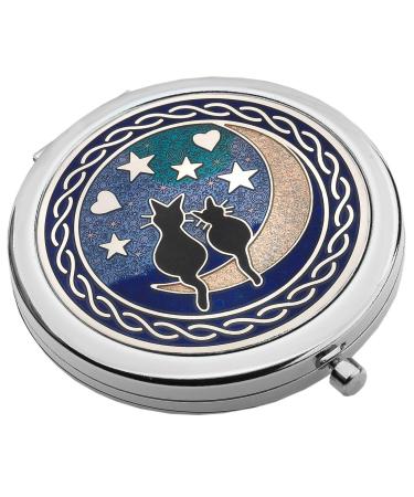Really Nice Compact Mirror - Cats on Moon Design - Enamelled Pewterware
