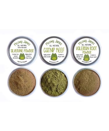 Meowy Janes Catnip Alternative Variety Powder Pack- Catnip Keef, Silvervine Powder and Valerian Root Powder Catnip Powder - Cat Toy Large Tins (60 ml)