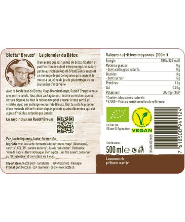 BIOTTA - Breuss Original Detox Juice - Harmonious blend of precious 100% organic vegetable juice - Rich in potassium - 500 ml - Buy Online on GoSupps.com