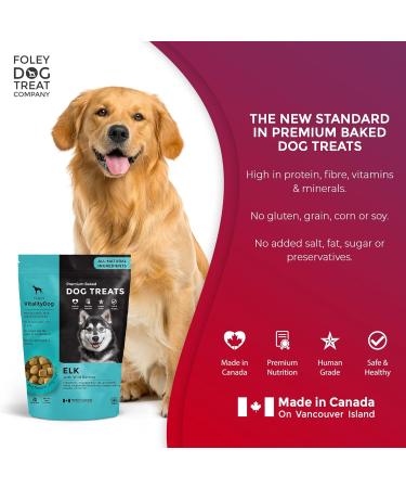 Vitality Dog Elk with Wild Berries - Premium Baked Dog Treats - Training Treats for Dogs Pet Treats Dog Snacks - Made in Canada Grain Free Human Grade 400g / 14.1oz Elk with Wild Berries 400 g (Pack of 1) - Buy Online on GoSupps.com