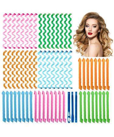 64Pcs Hair Curlers Spiral Curls No Heat Curlers Wave Heatless Hair Curlers Spiral Hair Curls Styling Kit 2 Style 4 Colors Magic Hair Curler Hair Curlers with 2 Pieces Styling Hooks(55cm) 55CM(Spiral Curls+Water Wave)