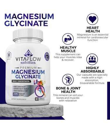 VitaFlow Nutrition Magnesium Glycinate Supplement - 60 Capsules 250mg - 30 Day Supply - High Absorption for Muscle, Heart, Bone & Nerve Support - Men & Women - Buy Online on GoSupps.com