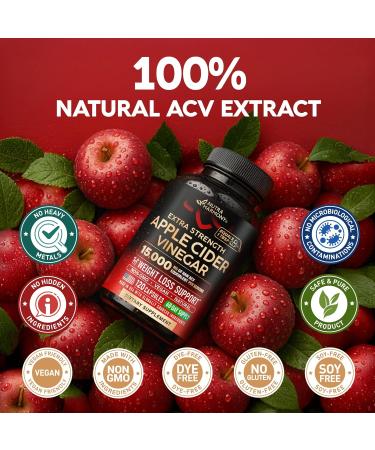 Apple Cider Vinegar Capsules - 15000 mg of Raw Apple Cider Vinegar Equivalent - 100% Natural Pure ACV - Energy Metabolism & Weight Loss Support - Made in USA Lab Tested - 120 Capsules 60-Day Supply - Buy Online on GoSupps.com
