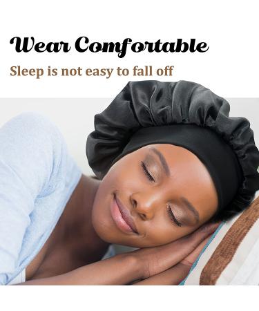 2PCS Large Satin Bonnet Set for Sleeping | Silk Hair Wrap Sleep Cap - Black & Hunter Green | Elastic Band | Big Bonnets for Black Women Hair Care - Buy Online on GoSupps.com