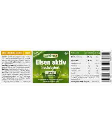 Green Food Iron Active Capsules 50mg - 120 Vegan Tablets for Blood Formation & Energy - No Artificial Additives - High Dose - Buy Online on GoSupps.com