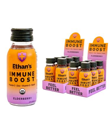 Ethan's Organic Immune Boost Shots Elderberry Flavor. Feel Better. Immunity Support Made with Real Fruit Vitamin C Vitamin D Reishi Zinc with No Added Sugar (12 Pack of 2oz Shots) Elderberry 12.0 Servings (Pack of 12)