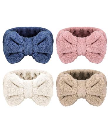 Senkary 4 Pack Bow Makeup Headband Microfiber Bowtie Headbands Towel Spa Headband Soft Bath Shower Headband for Washing Face (White Blue Pink Brown)