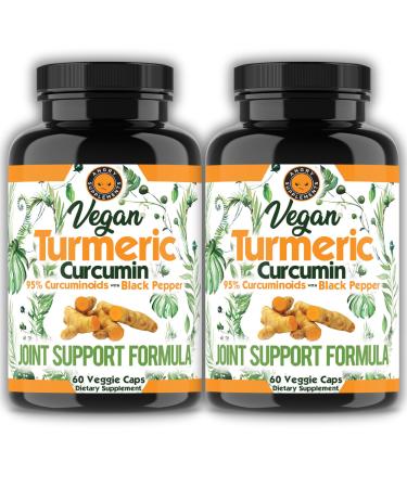 Vegan Turmeric Curcumin with Black Pepper Extract (60 Capsules-2 Month Supply) 95% Curcuminoids - All Natural Powerful Antioxidant for Joint Support and Relief (2-Bottles 4-Month Supply)