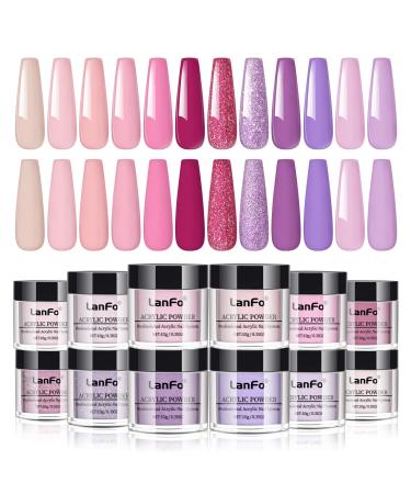 LanFo 12 Colors Acrylic Powder Set Pink Purple Glitter Acrylic Nail Powder Kit Colorful Professional Polymer Nails No Nail Lamp Needed