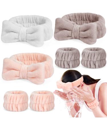 Crosize 7 Pack Face Wash Headband and Wristband Set for Women Cute Spa Skin Care Headband for Washing Face Terry Cloth Facia Headband and Wrist Towels for Washing Face Makeup Skincare Pink White Brown