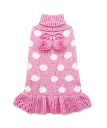 KYEESE Dog Sweater Dress Polka Dot Dog Sweater Pink with Leash Hole Knit Warm Dog Clothes with Pom Pom Ball for Fall Winter Small (Pack of 1) 3# Polkadot (Pink)